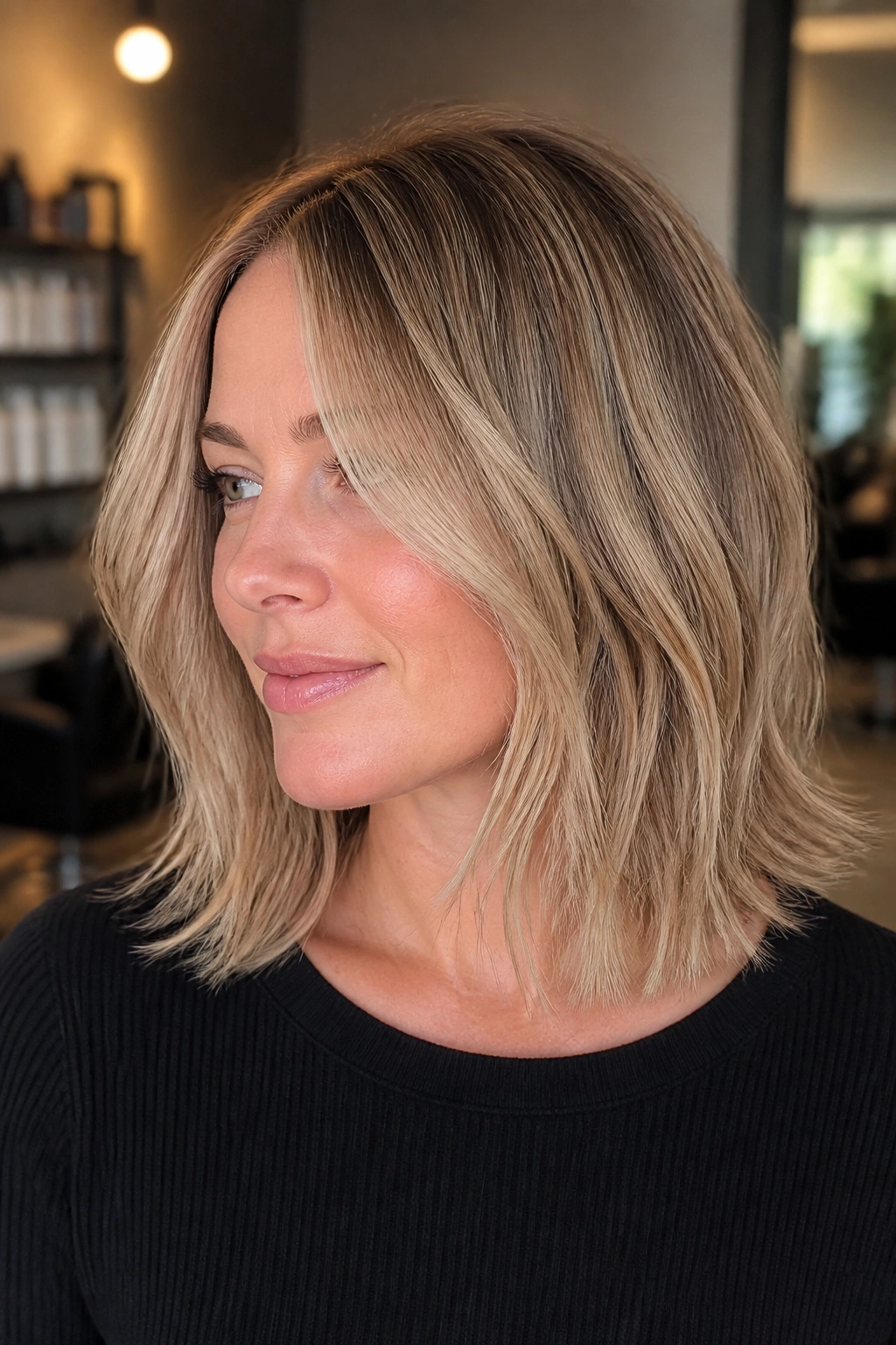 Close-up portrait of a real woman with a collarbone-length lob featuring feathered ends in beige blonde in a warm salon setting