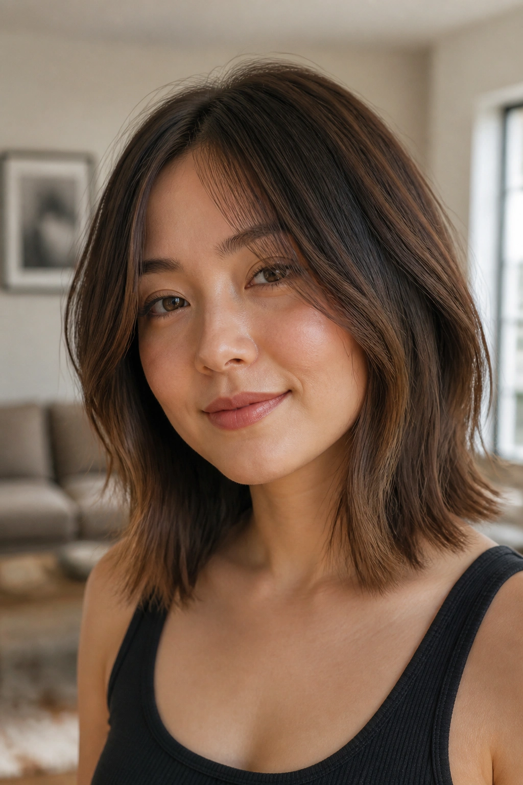 Real woman wearing a collarbone-length lob with feathered ends in a close-up.