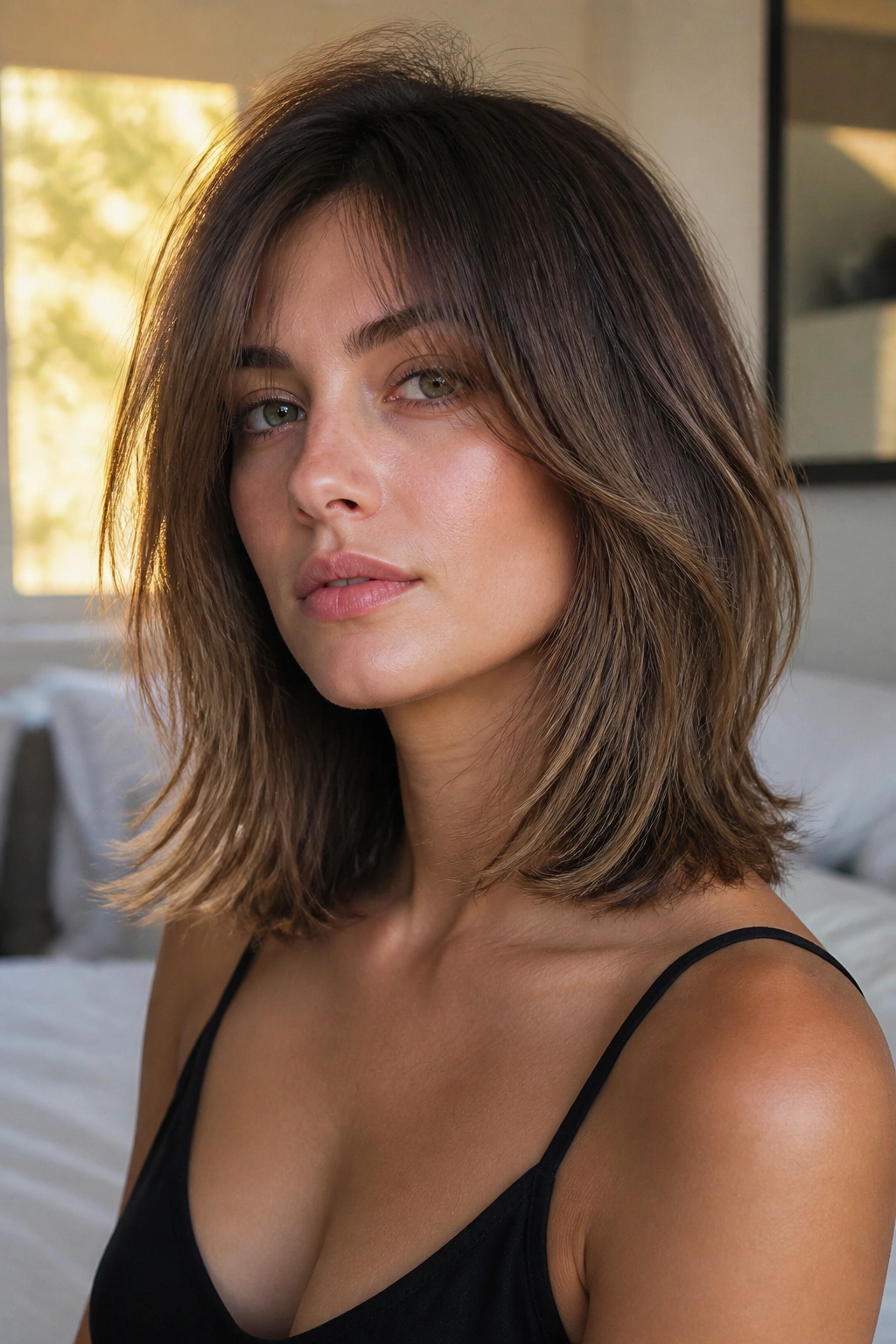 Close-up portrait of a real woman with a collarbone-length lob and feathered ends in warm window light