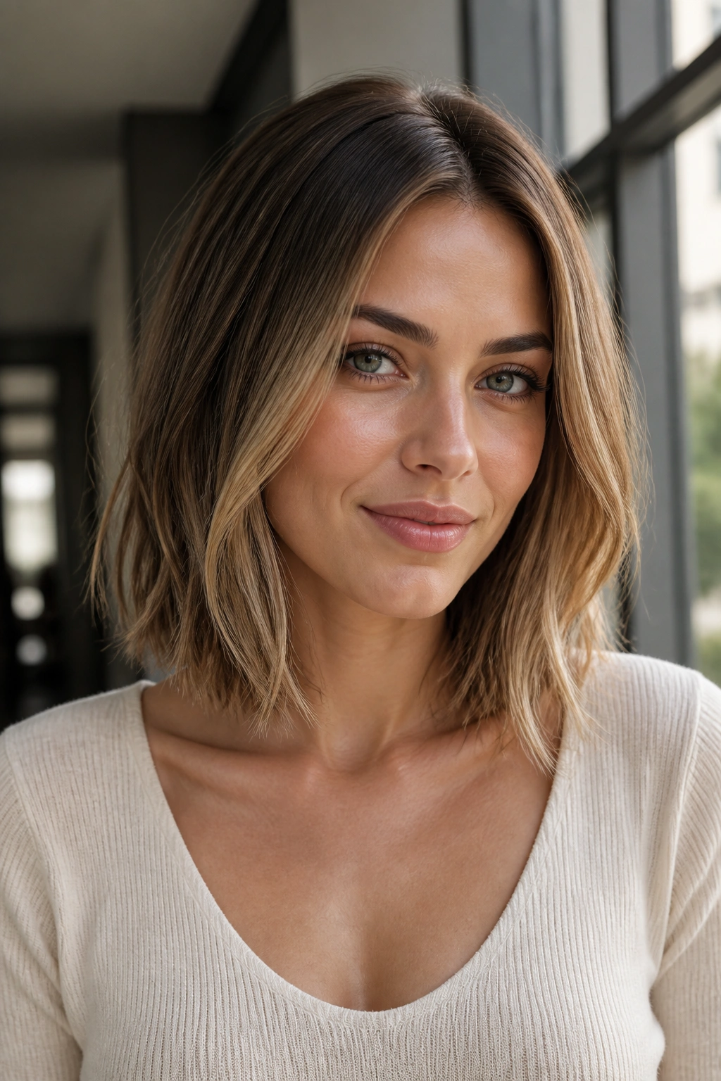 Close-up portrait of a real woman with a collarbone-length lob and airy ends
