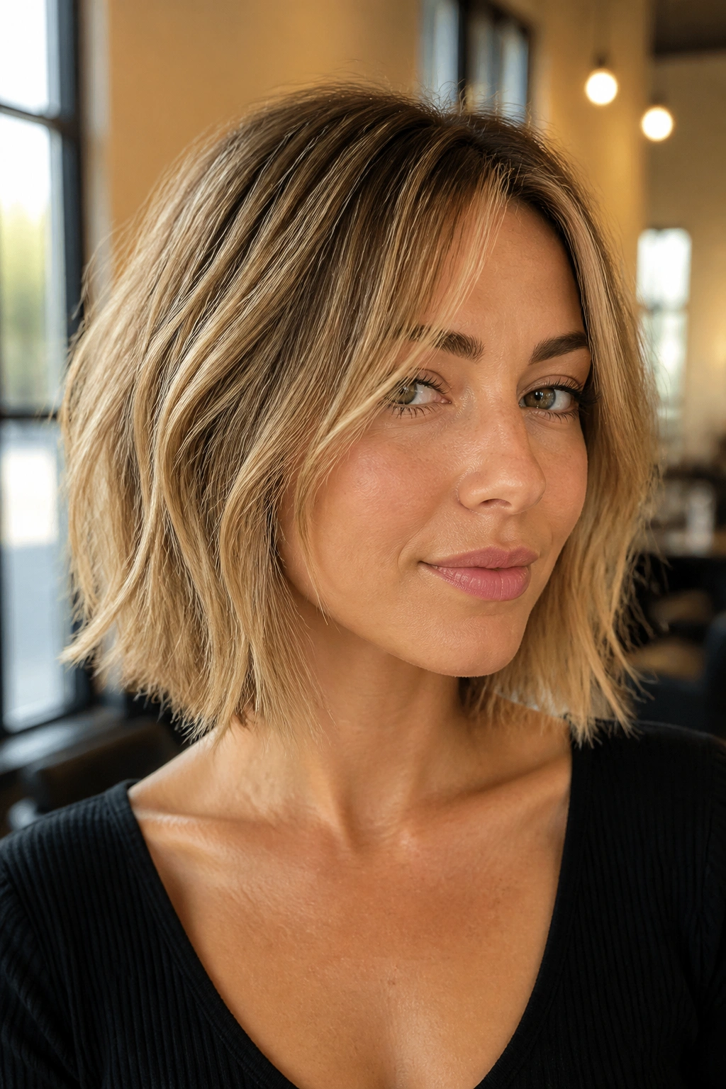 Close-up portrait of a real woman with a collarbone-length choppy lob and textured ends