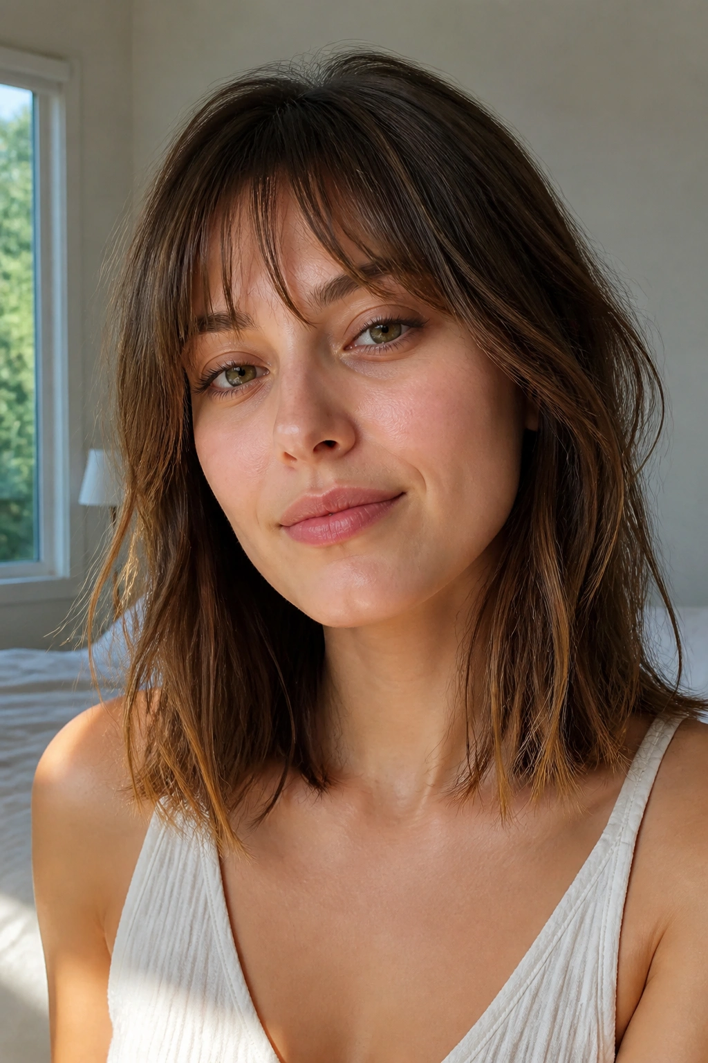 Close-up portrait of a real woman with collarbone-length lob and soft broken fringe.