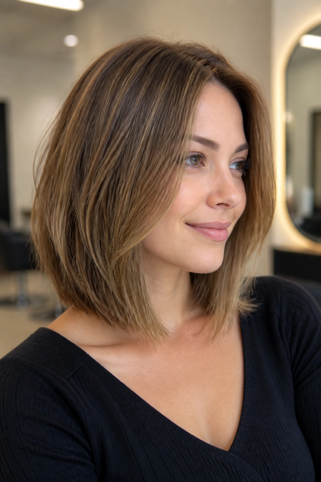 Portrait of a woman with a collarbone-length graduated lob, back tucked under top layer and collarbone-length front