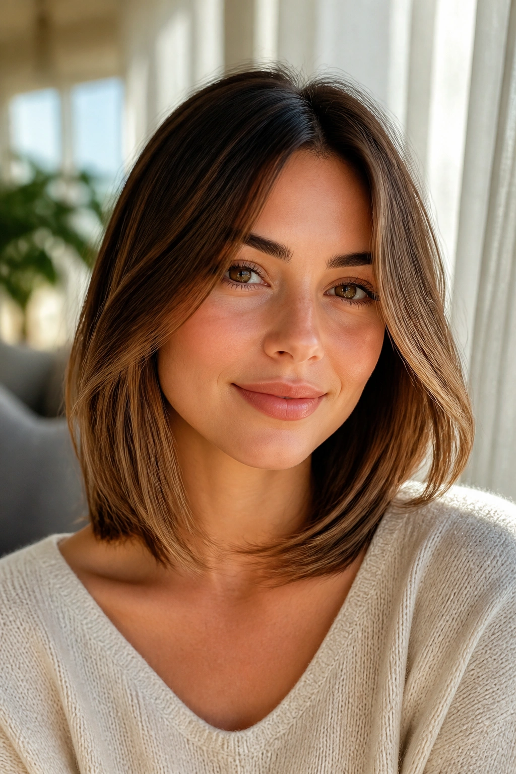 Close-up of a real woman with a collarbone-length lob and graduated ends.