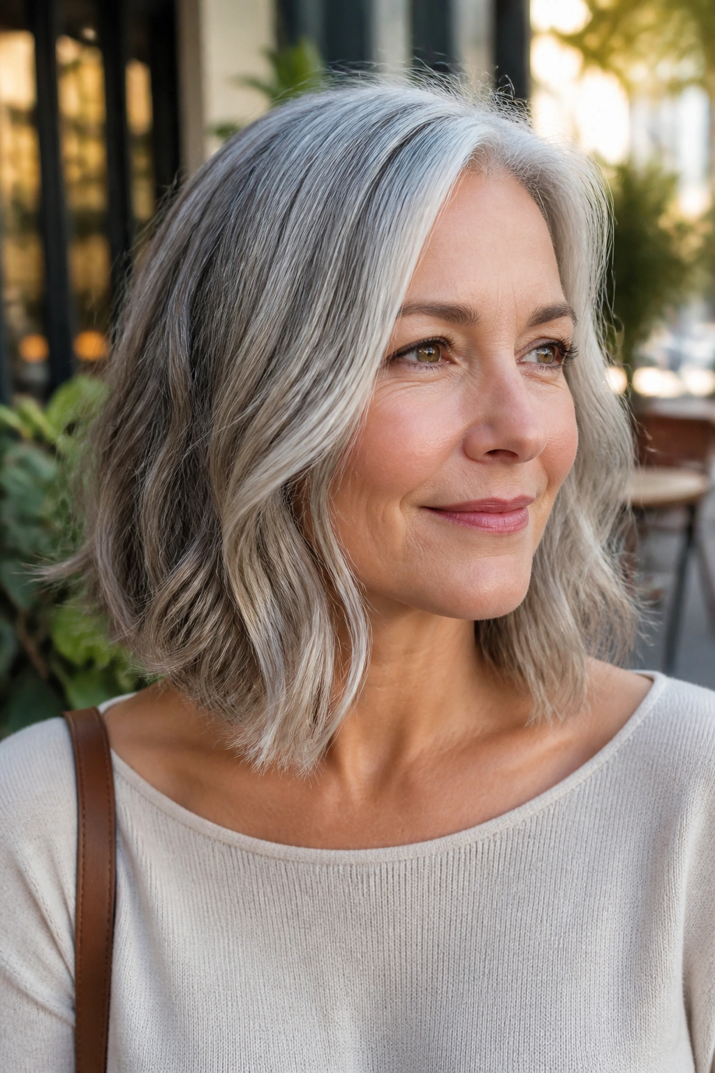 Real woman wearing a collarbone-length lob with soft waves, gray hair outdoors.