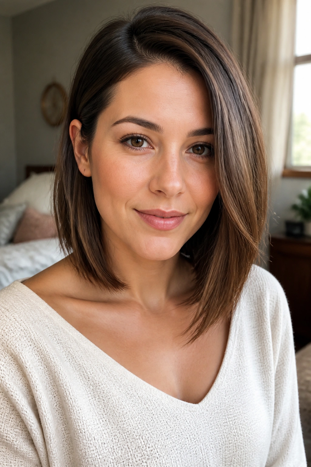 Close-up of a real woman's collarbone-length graduated lob with subtle lift.