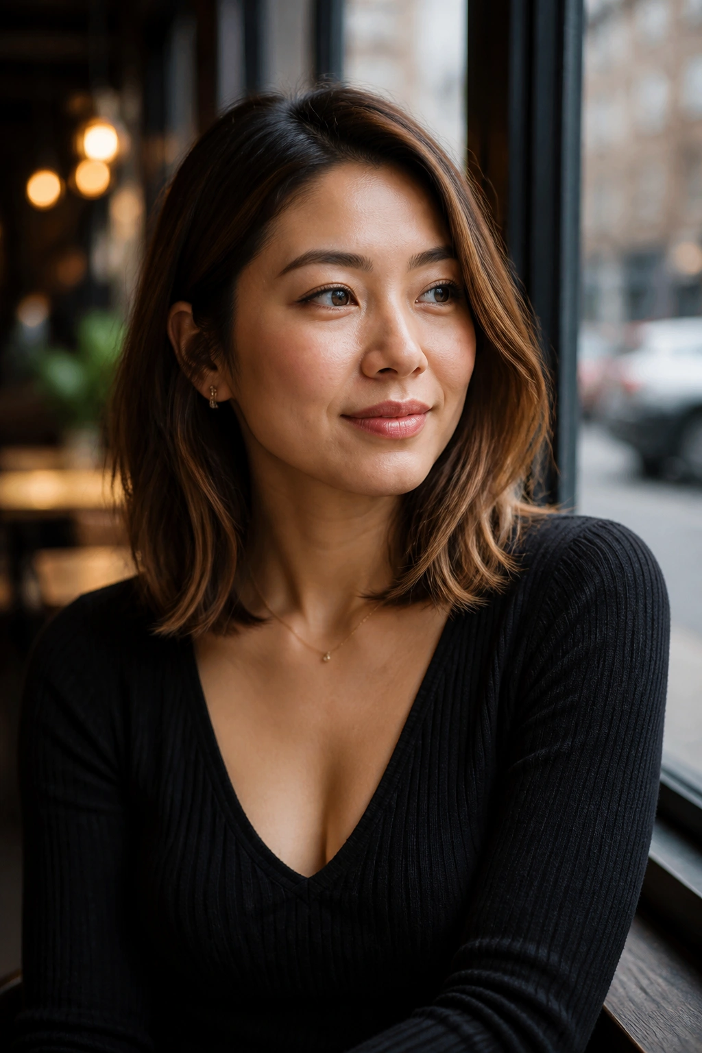 Portrait of a real woman with a collarbone-length lob and soft bends in natural daylight