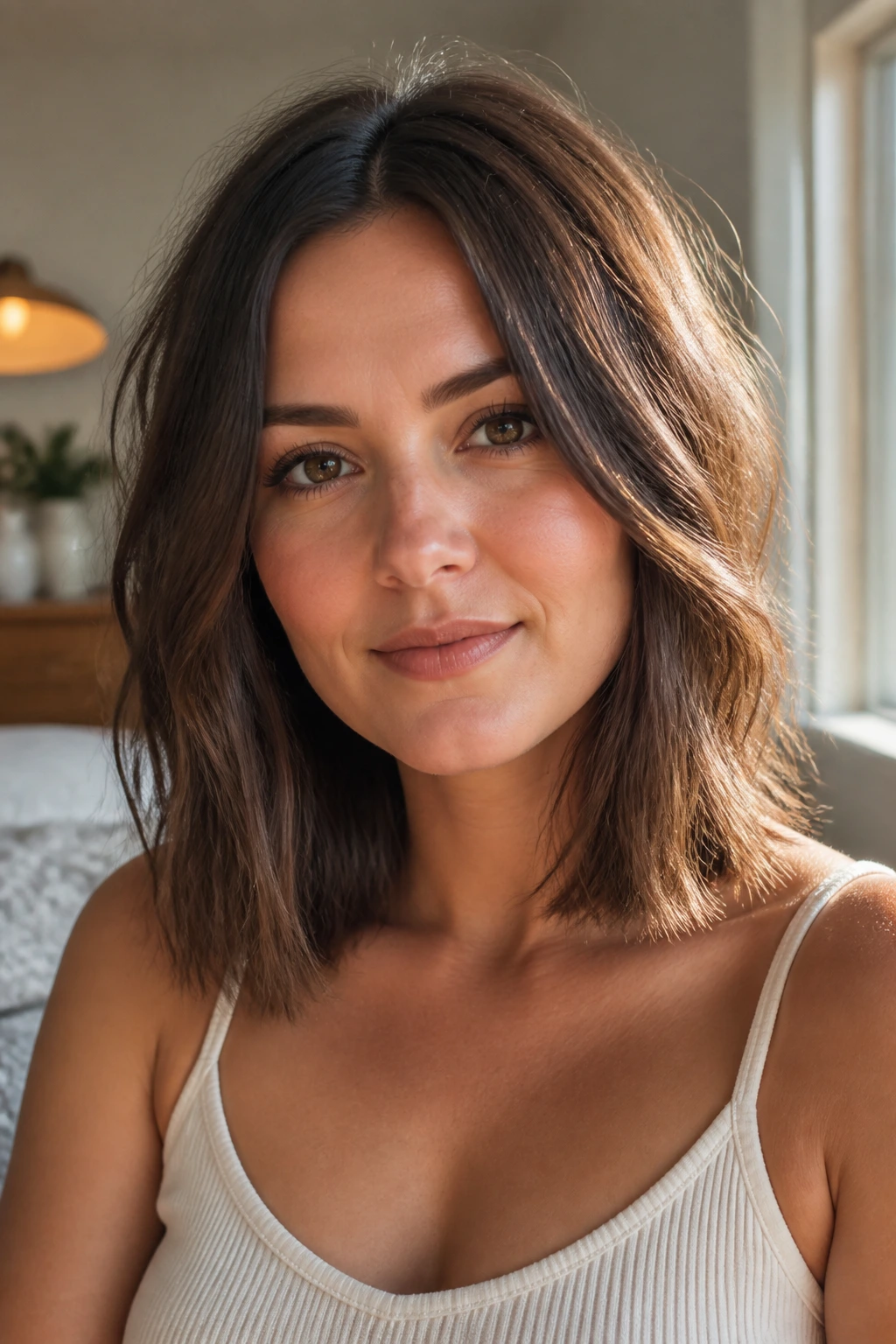Close-up portrait of a woman with a collarbone-length lob and soft movement