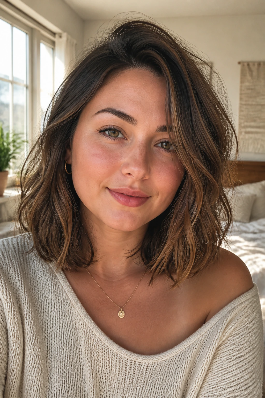 Close-up of a woman with a collarbone-length tousled lob on a round face, warm window light