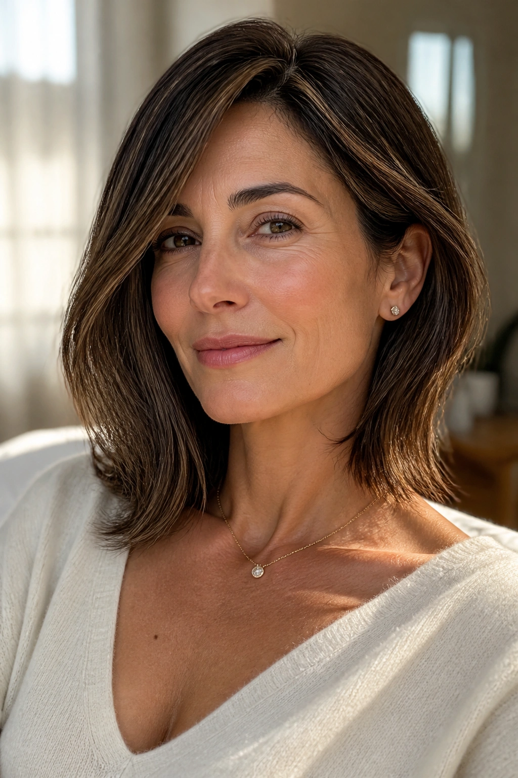 Close-up of a real woman with a soft collarbone-length lob in warm window light