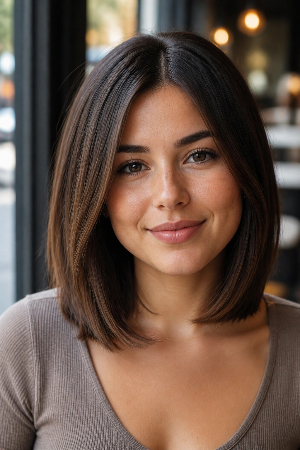 Close-up of a woman with a collarbone-length lob.
