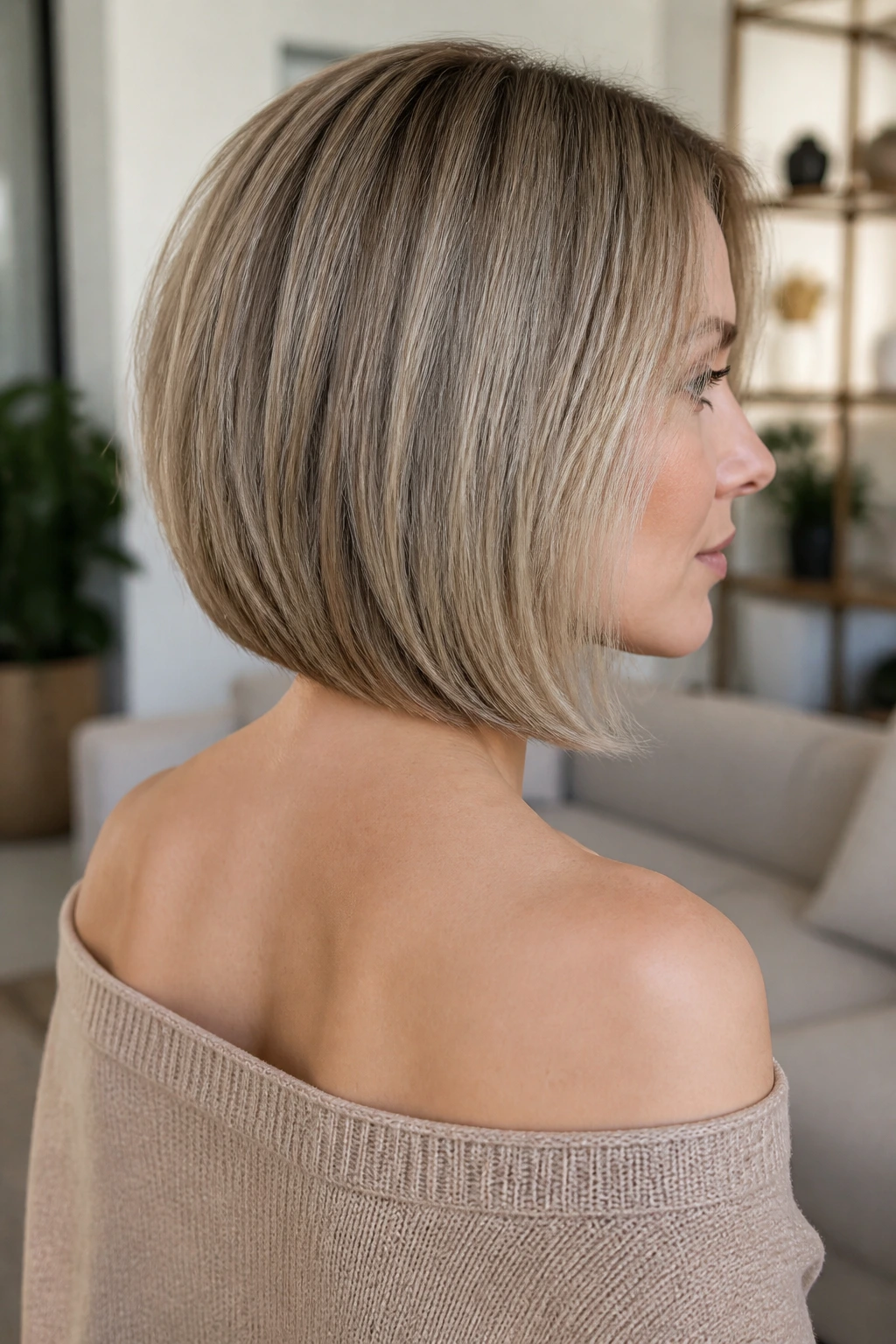 Real woman with collarbone-length lob and hidden graduation in soft daylight