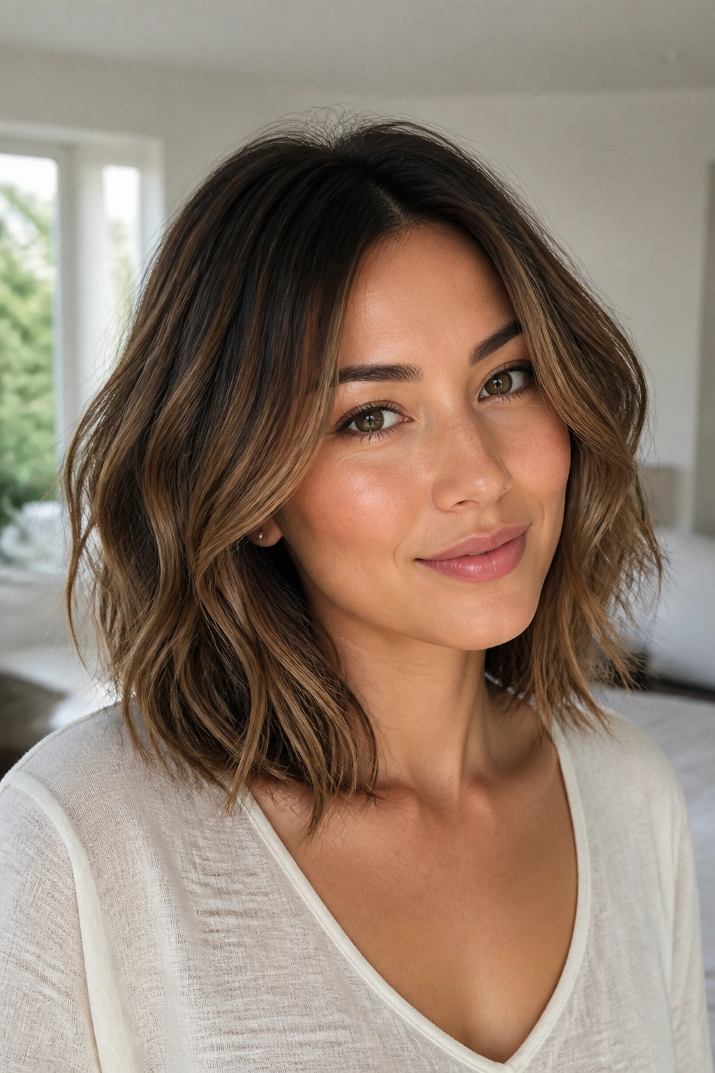 Real person wearing collarbone-length lob with hidden inner layers and smooth outer line