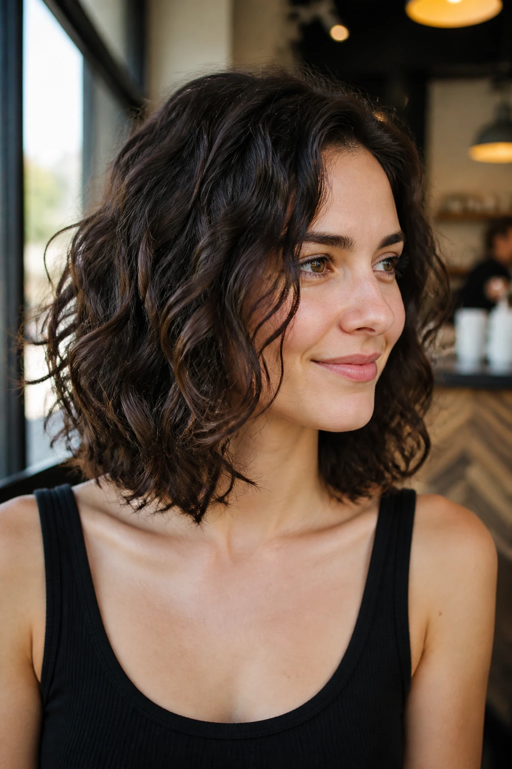 Close-up of a real person with collarbone-length curly lob and hidden interior layers in a cafe setting
