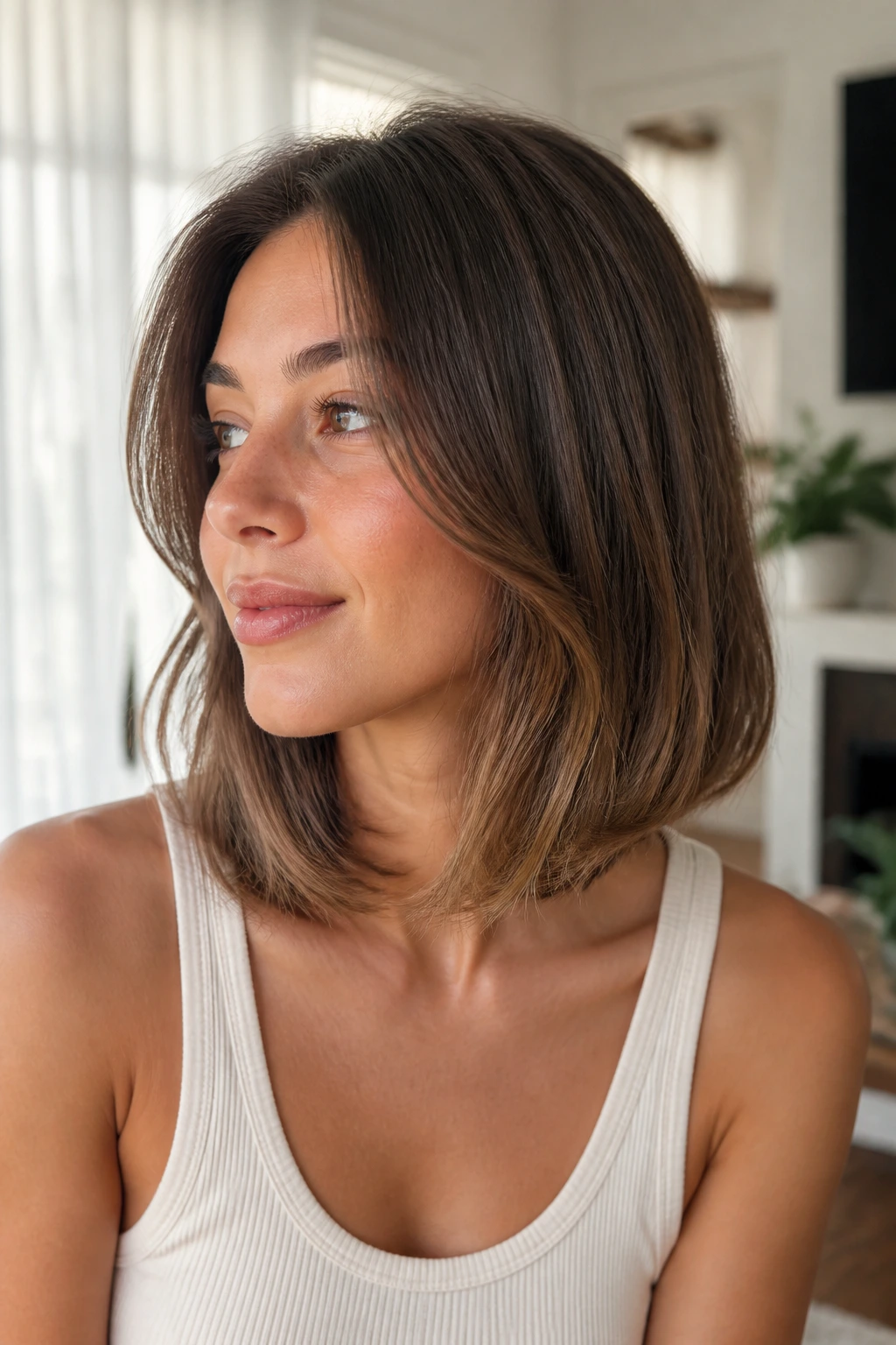 Close-up of a real woman with collarbone-length lob and hidden internal layers