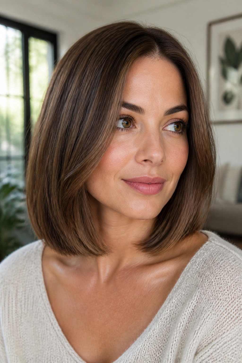Real woman with collarbone-length lob showing hidden weight and thick ends
