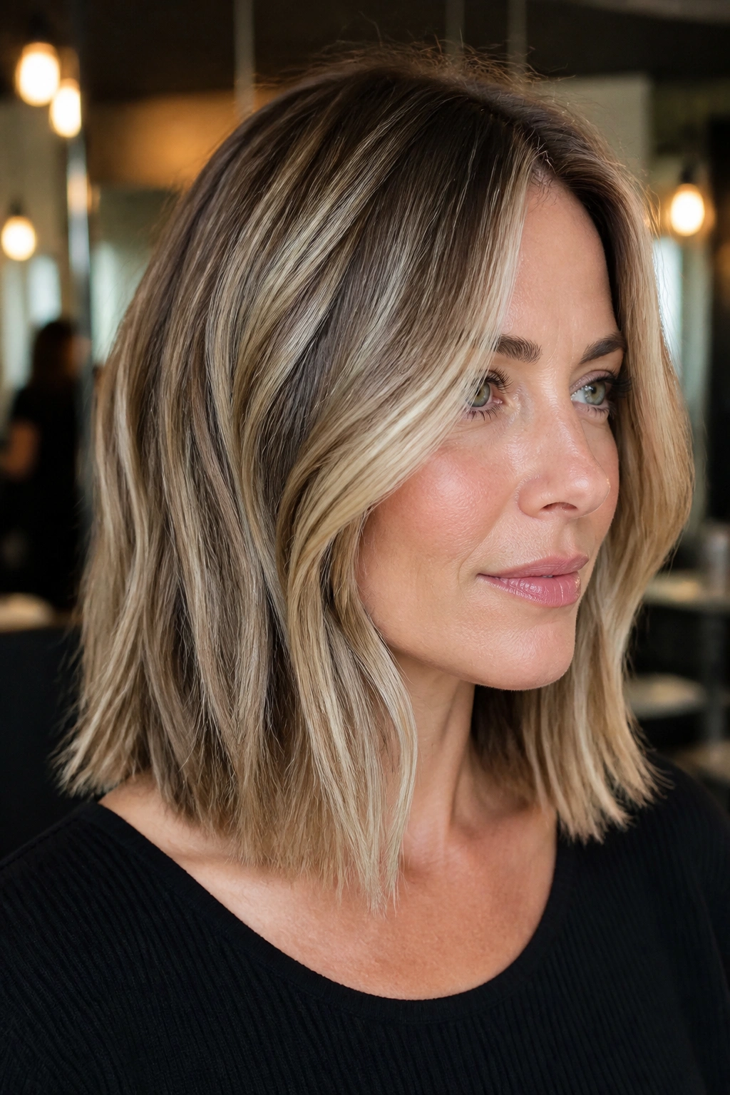 Close-up of a real woman with a collarbone-length blonde lob and ribbon highlights