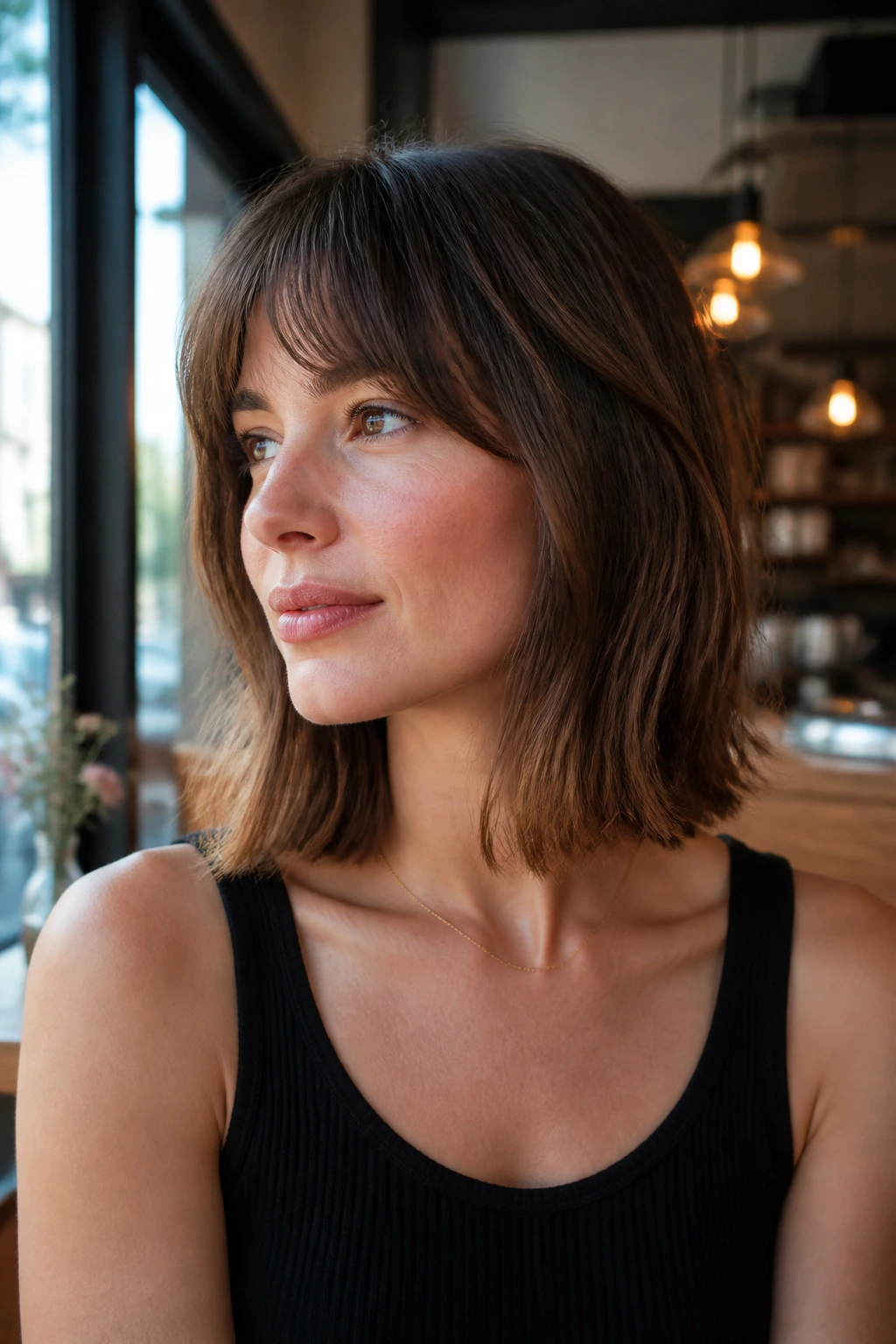 Real woman with collarbone-length French bob lob hybrid in sunlit cafe