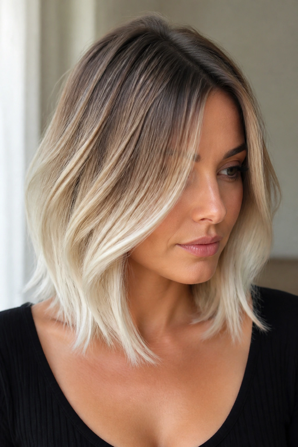 Real person with collarbone-length lob featuring icy ends