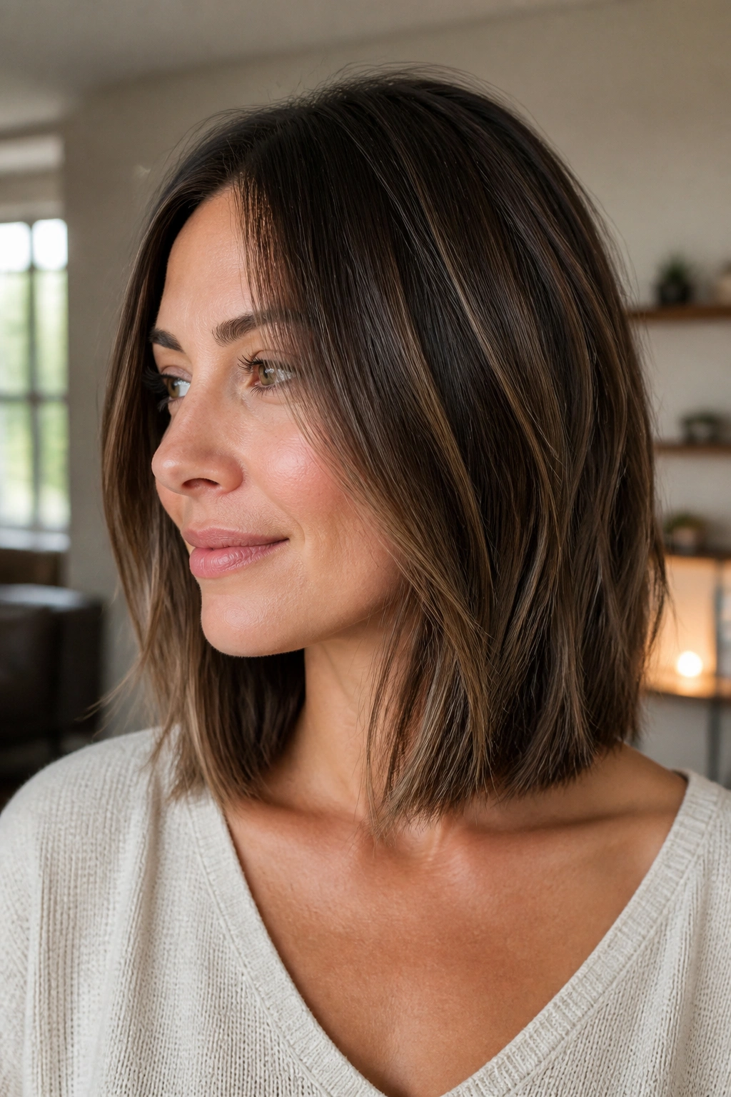 Close-up portrait of a real woman with a collarbone-length lob featuring hidden internal layers.