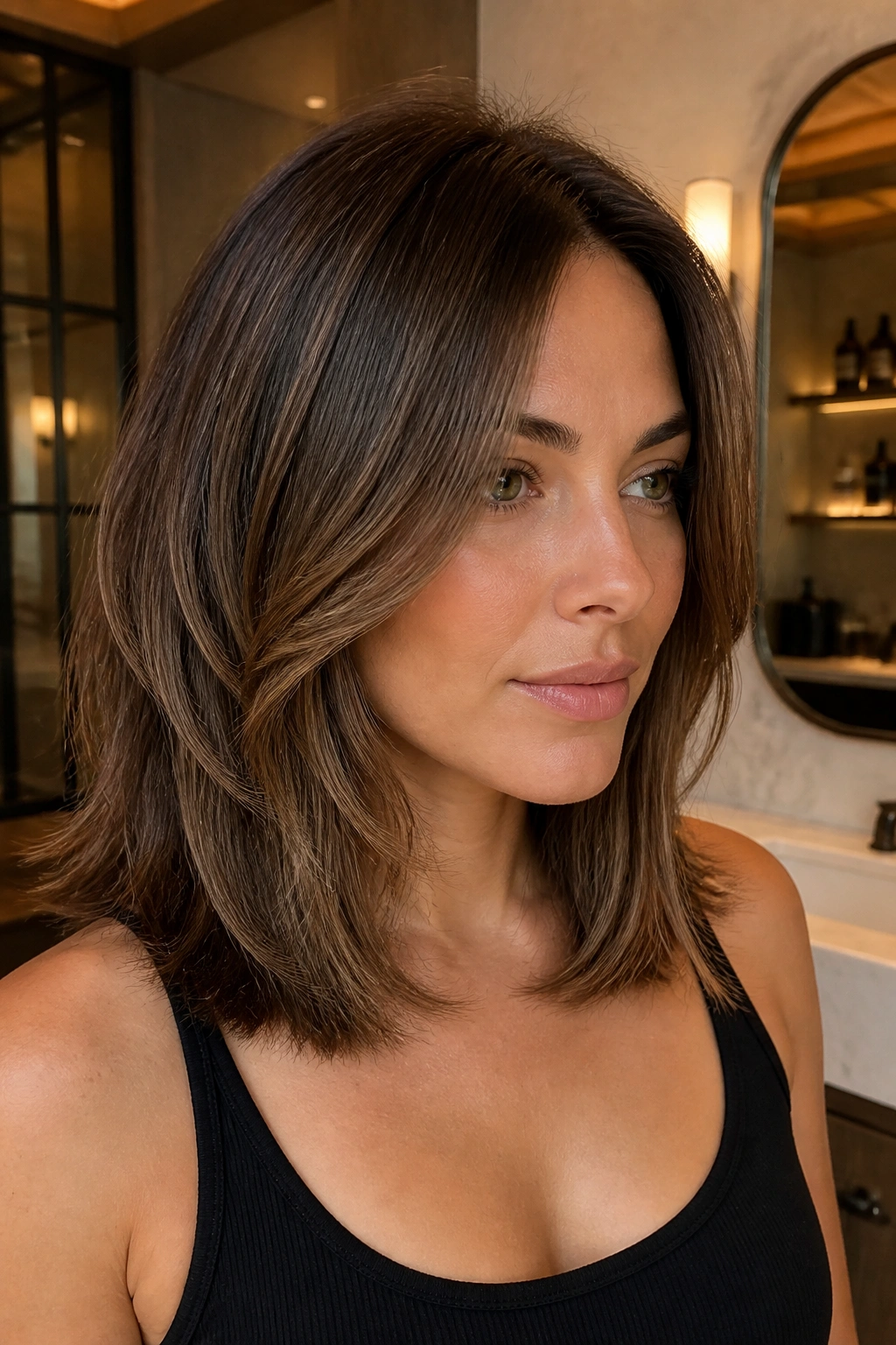 Real woman with collarbone-length lob showing internal layers for lift