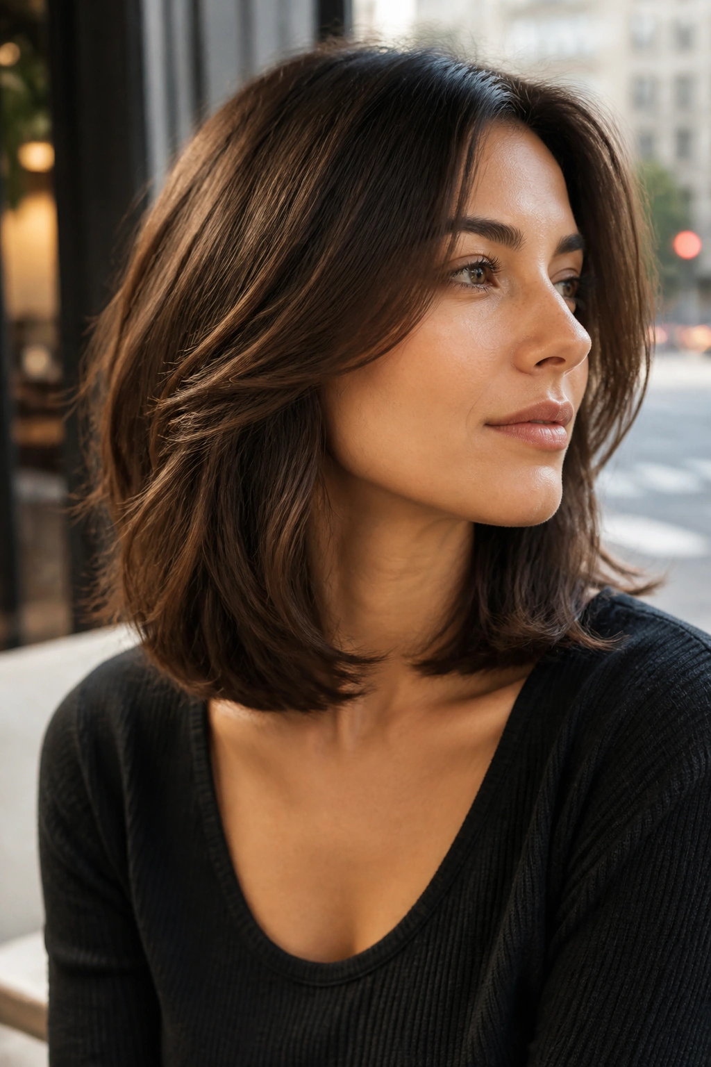 Real woman with collarbone lob and internal layers in natural cafe lighting