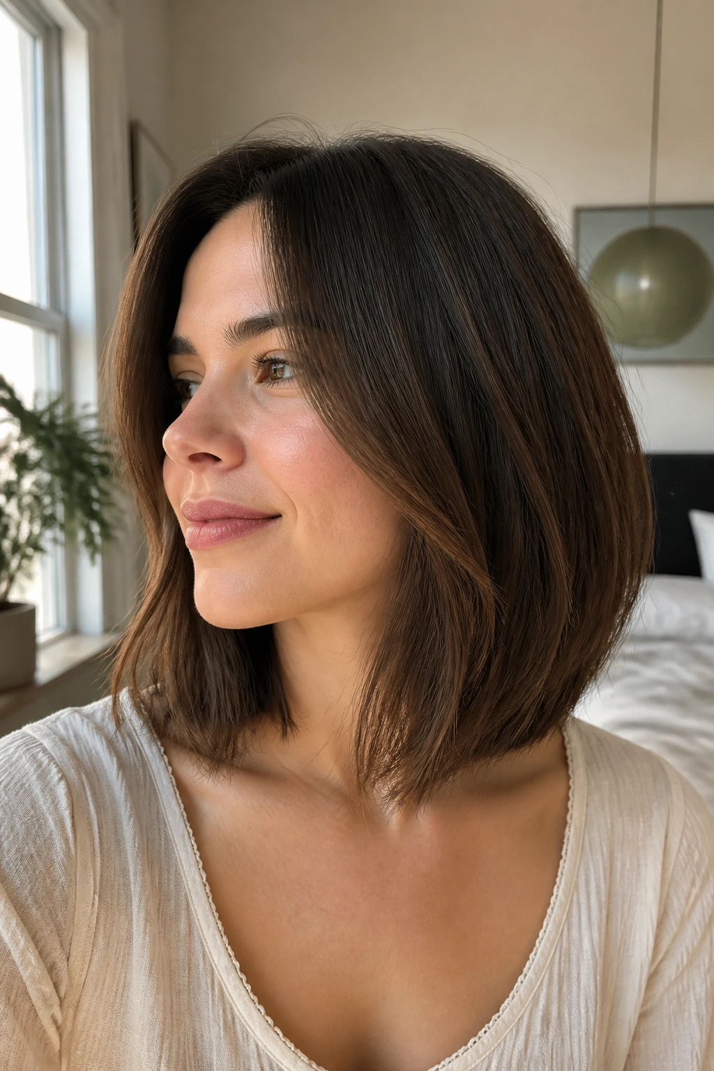 Real person with a collarbone-length lob and invisible layers.