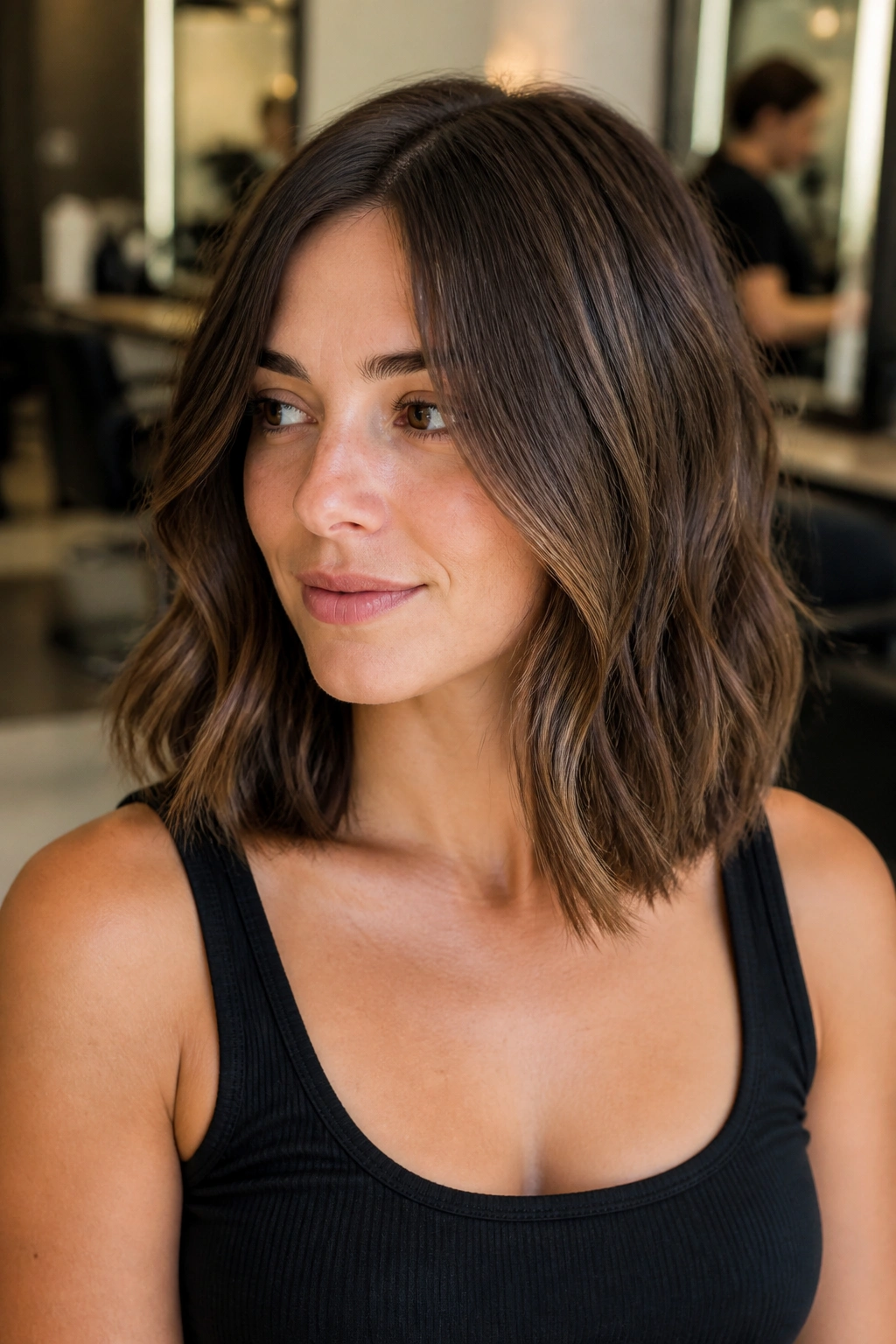 Portrait of a woman with a collarbone-length lob and invisible layers