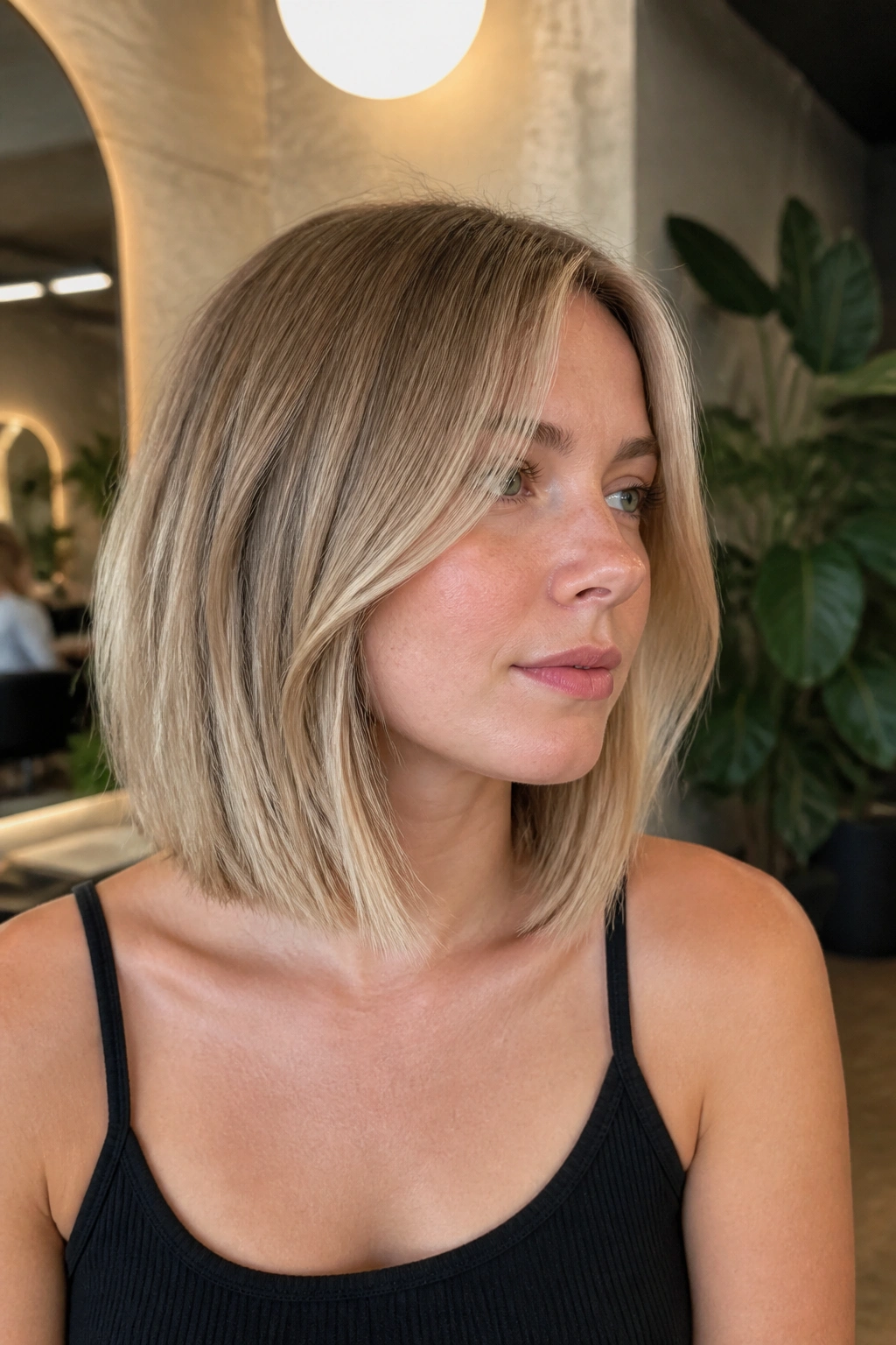 Real woman with a collarbone-length lob and invisible interior layers.