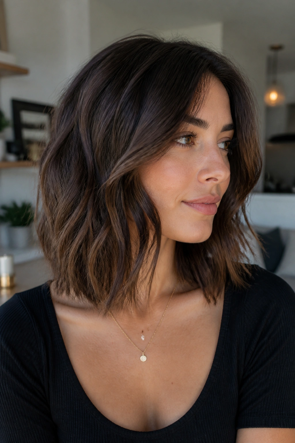 Close-up of a real woman with collarbone-length lob and invisible layers