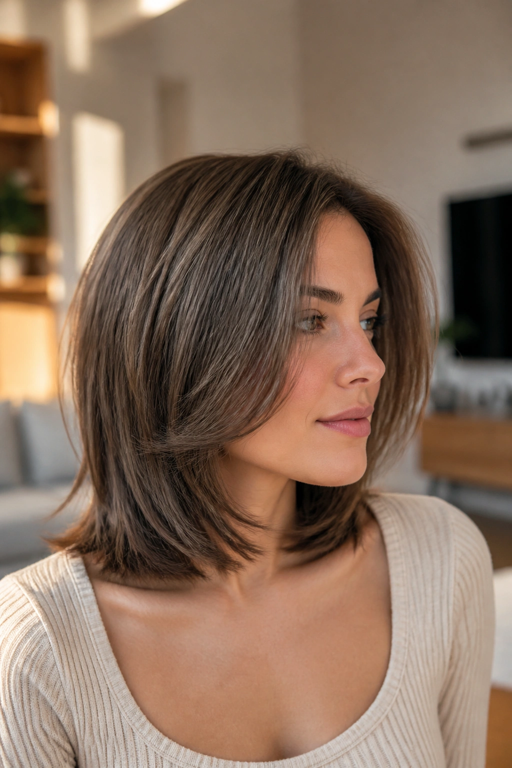 Close-up of collarbone-length lob with invisible layers on a real woman