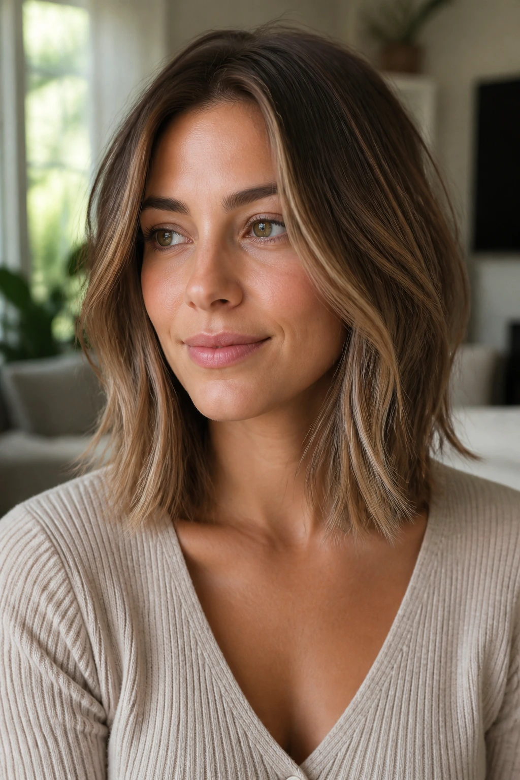 Close-up of collarbone-length lob with invisible layers on a real woman