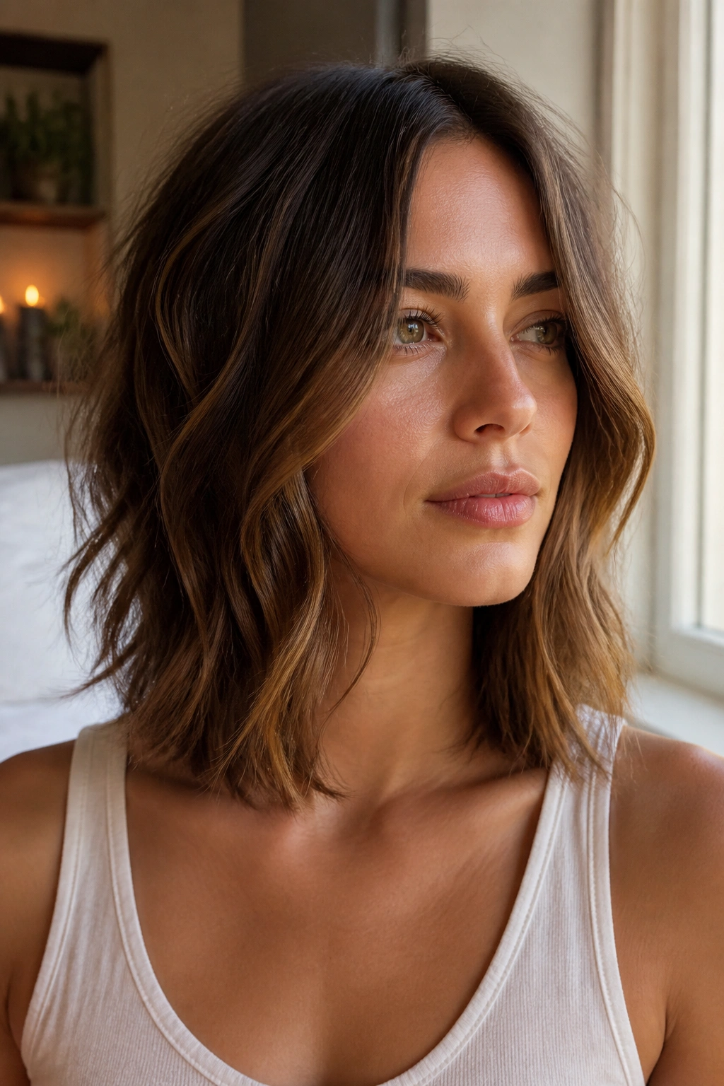 Close-up portrait of a real woman with a collarbone-length lob and invisible layers.