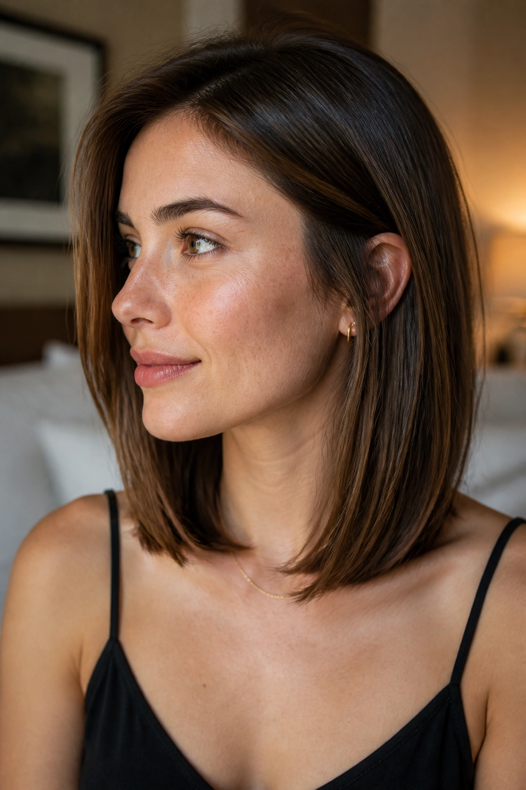 Close-up portrait of a woman with a collarbone-length lob and long invisible layers under the surface, soft window light.
