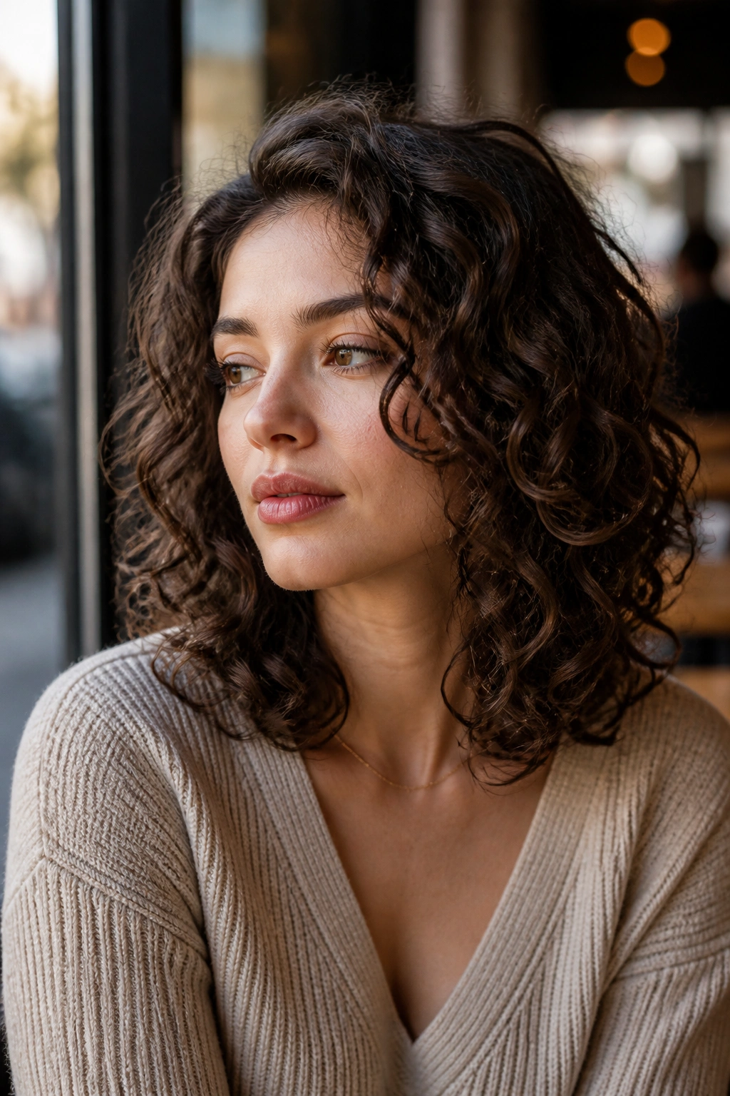 Close-up portrait of a real woman with collarbone-length curly lob and long layers in warm daylight