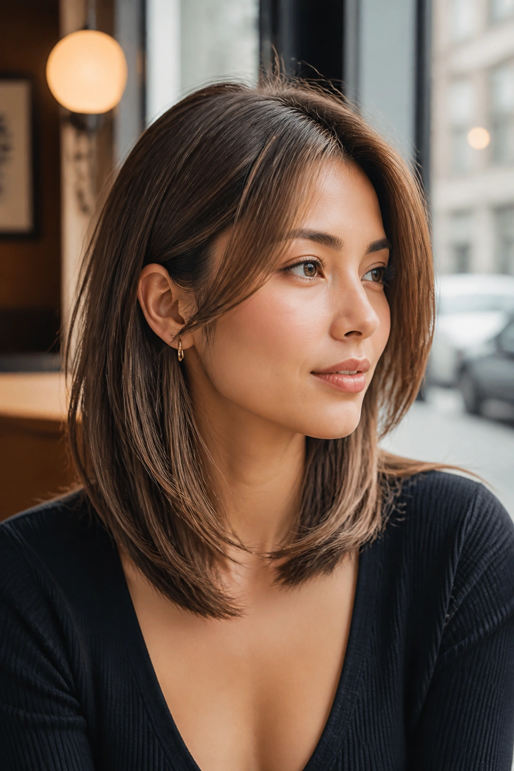 Close-up of a real woman with collarbone lob and long side layers in soft daylight