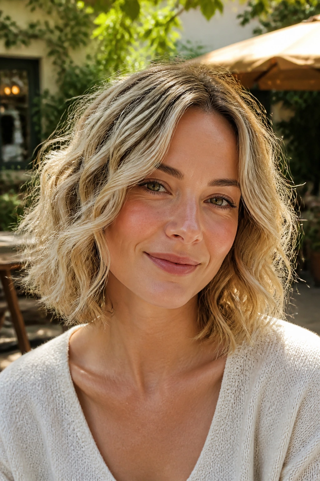 Portrait of woman with collarbone-length lob and loose blonde curls