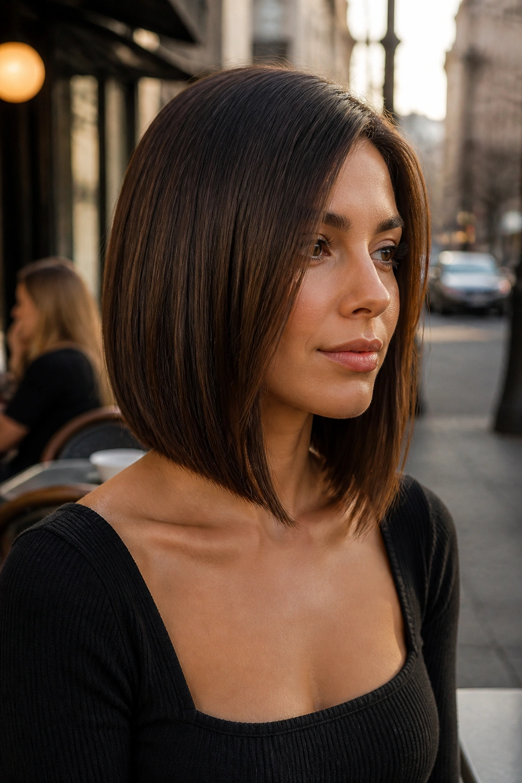 Close-up of a real woman with a collarbone-length lob and minimal graduation in golden hour light