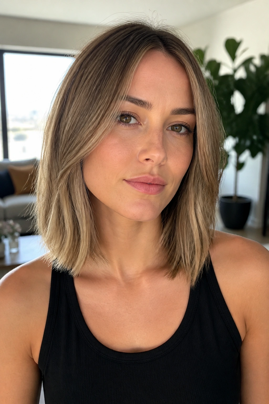 Close-up portrait of a woman with collarbone-length lob in natural daylight