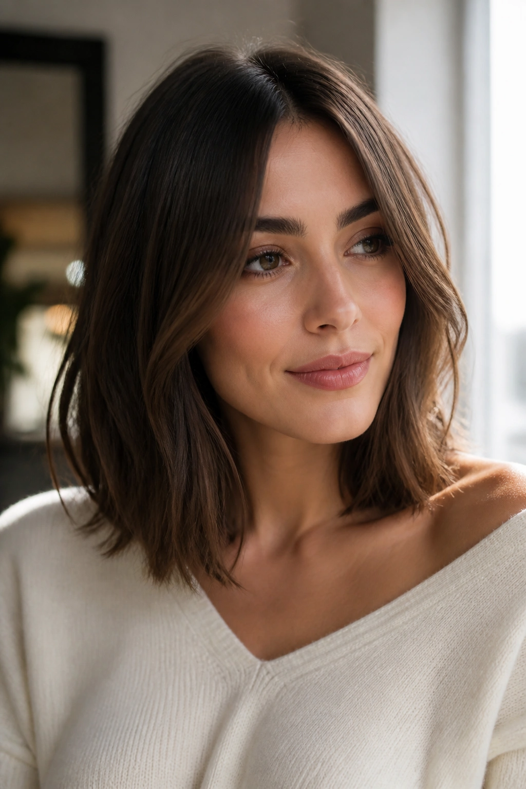 Brunette with collarbone-length mocha brown lob in natural light