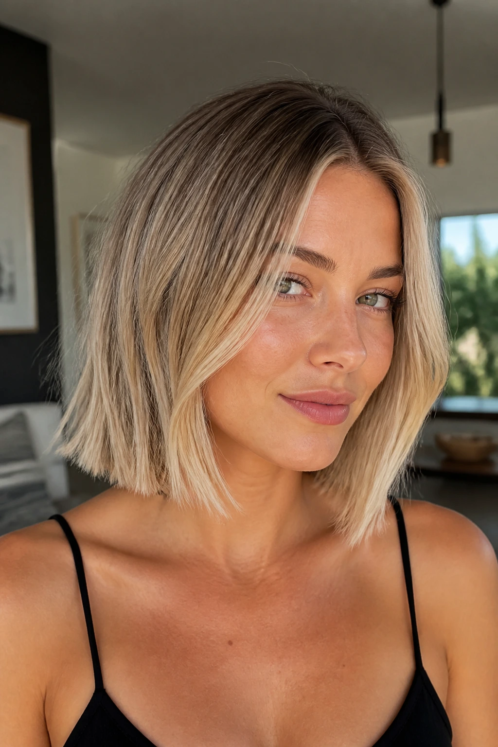 Real woman with collarbone-length lob and money-piece highlights around the face