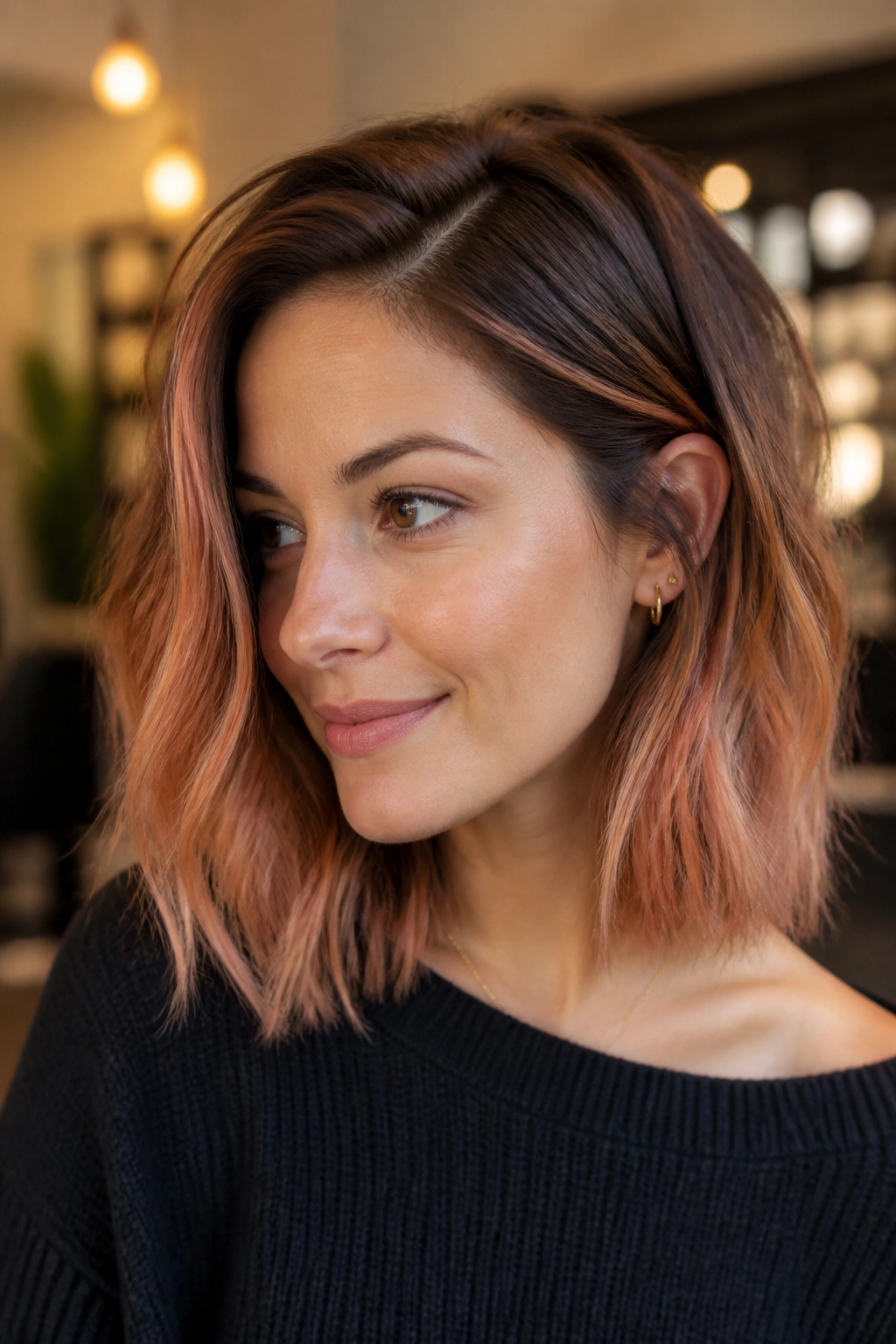 Real person with a collarbone-length lob and peach-copper balayage