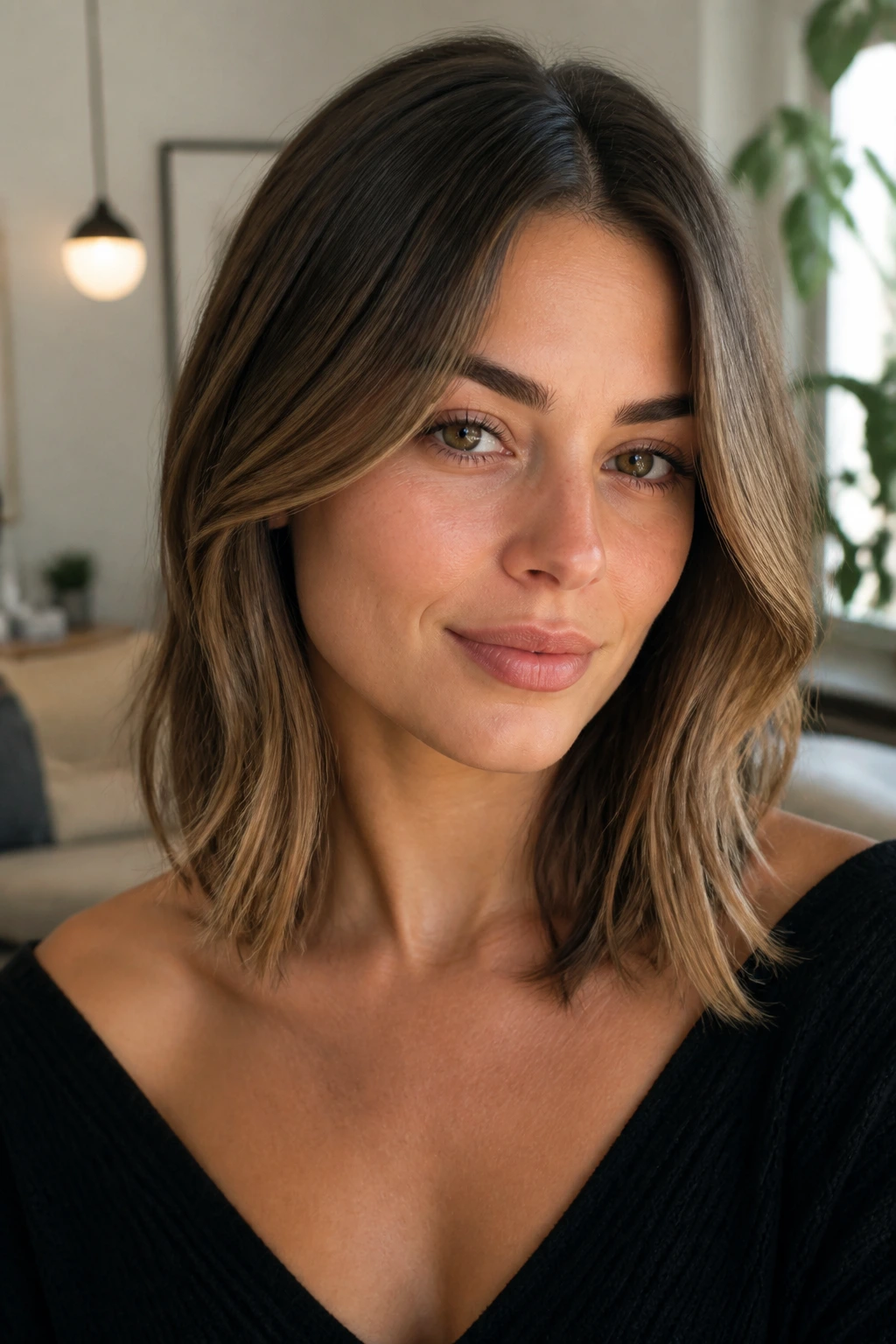 Close-up of a real woman with a collarbone-length lob and soft bends