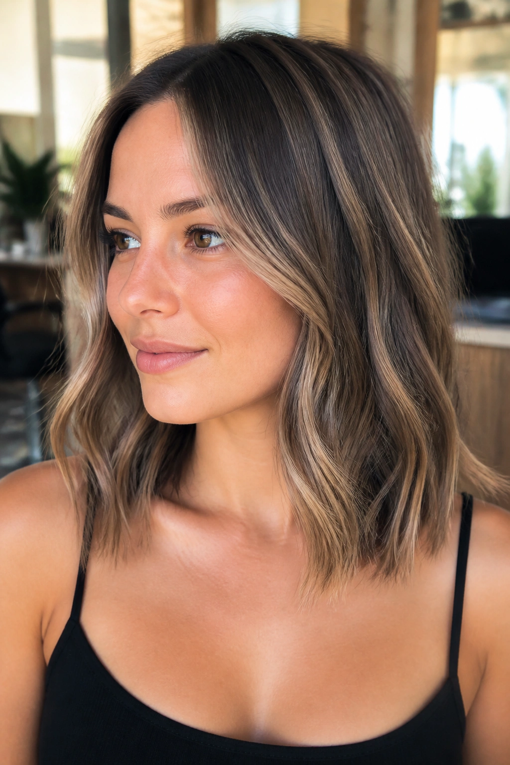 Close-up of a real woman with collarbone-length lob and ribboned ash brown pieces