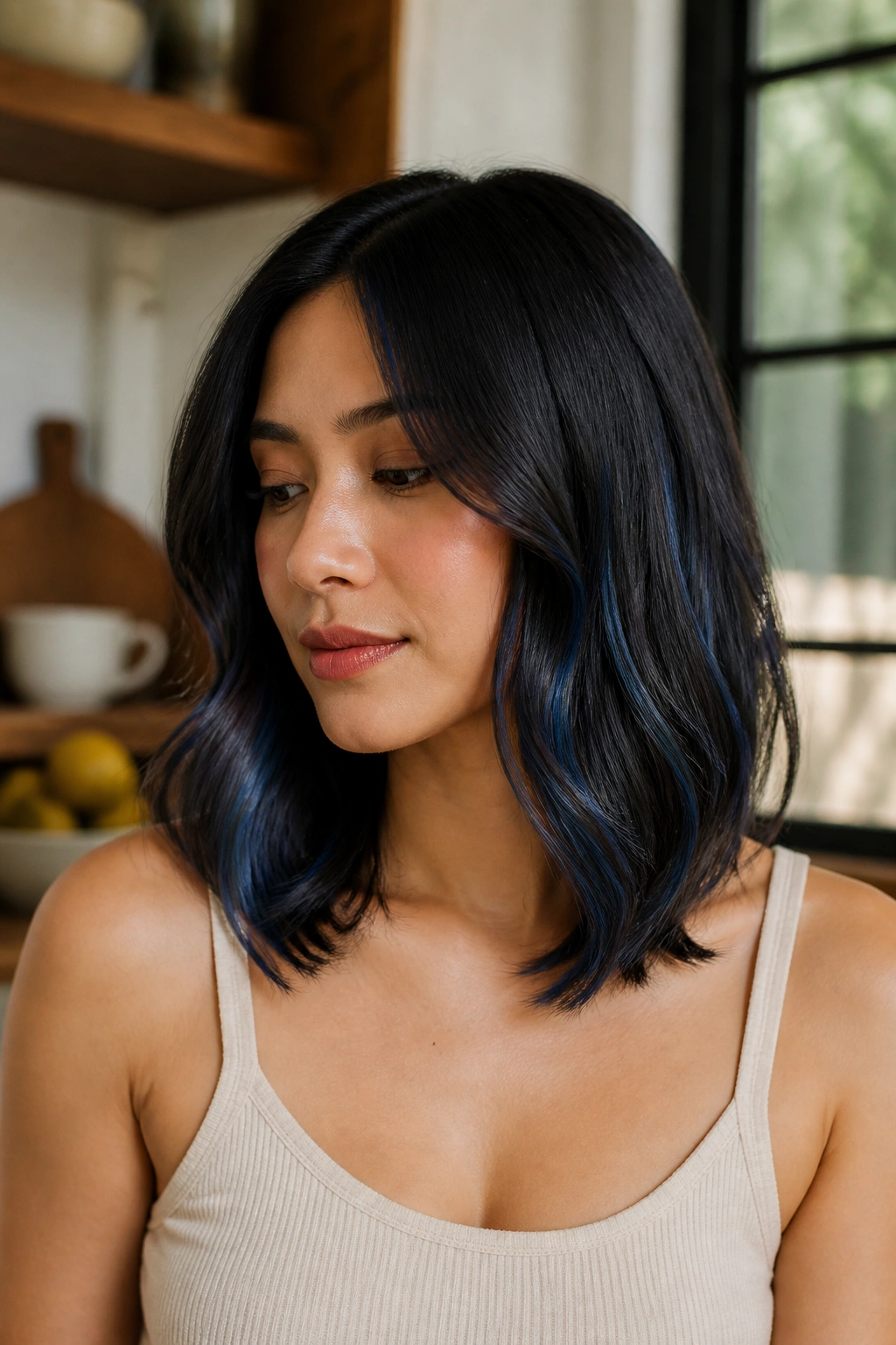 Portrait of a woman with a collarbone-length lob and ribboned blue-black highlights.