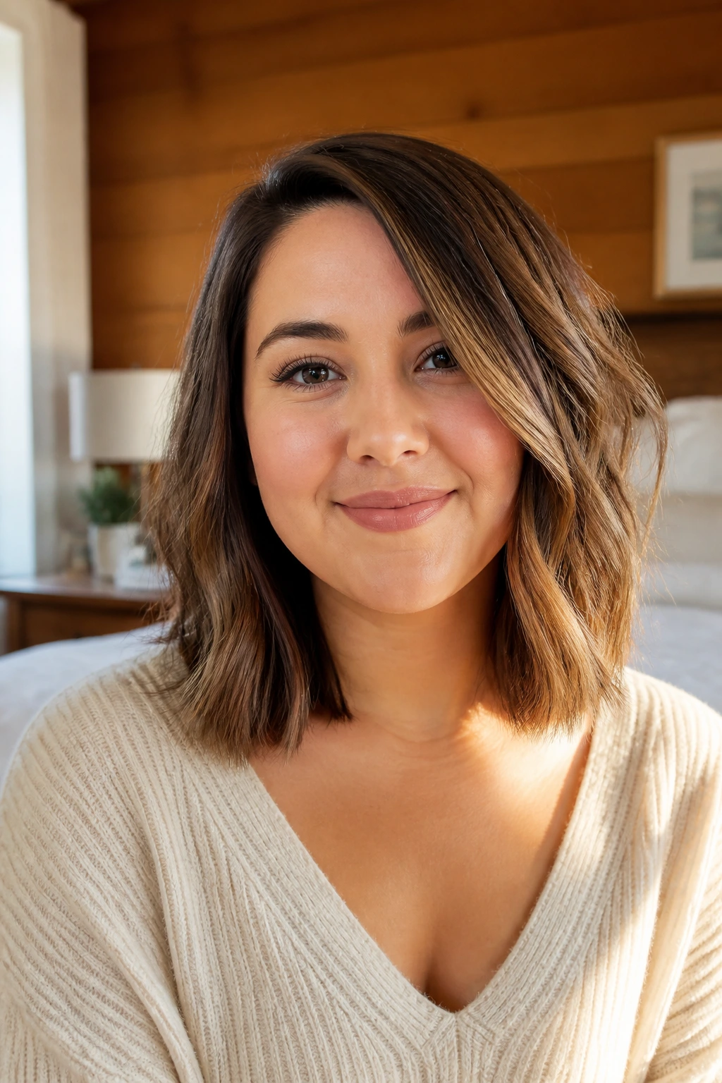 Close-up of a woman with a collarbone-length lob hairstyle, side part, warm window light in a bedroom