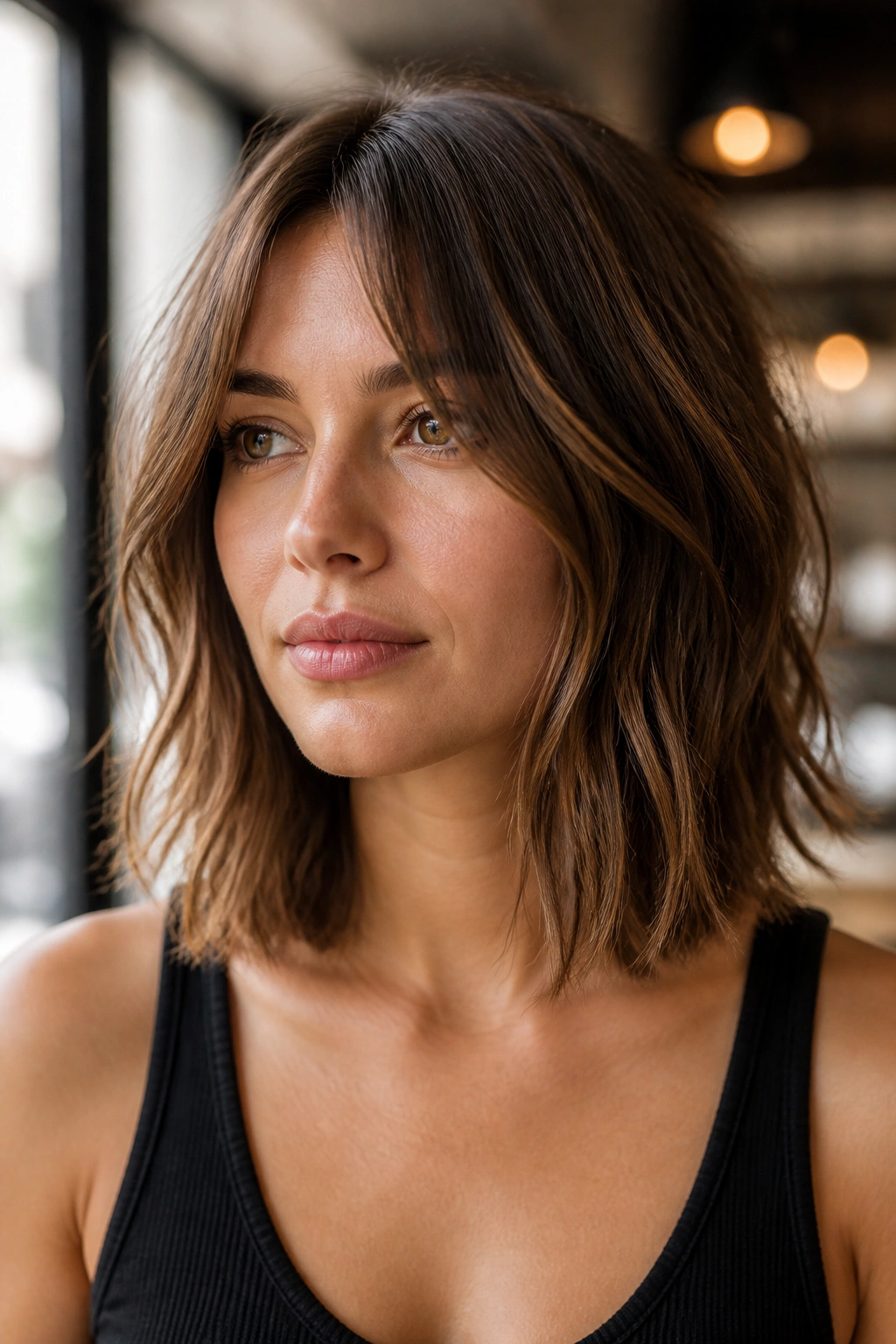 Woman with collarbone-length lob and shattered ends in natural cafe daylight