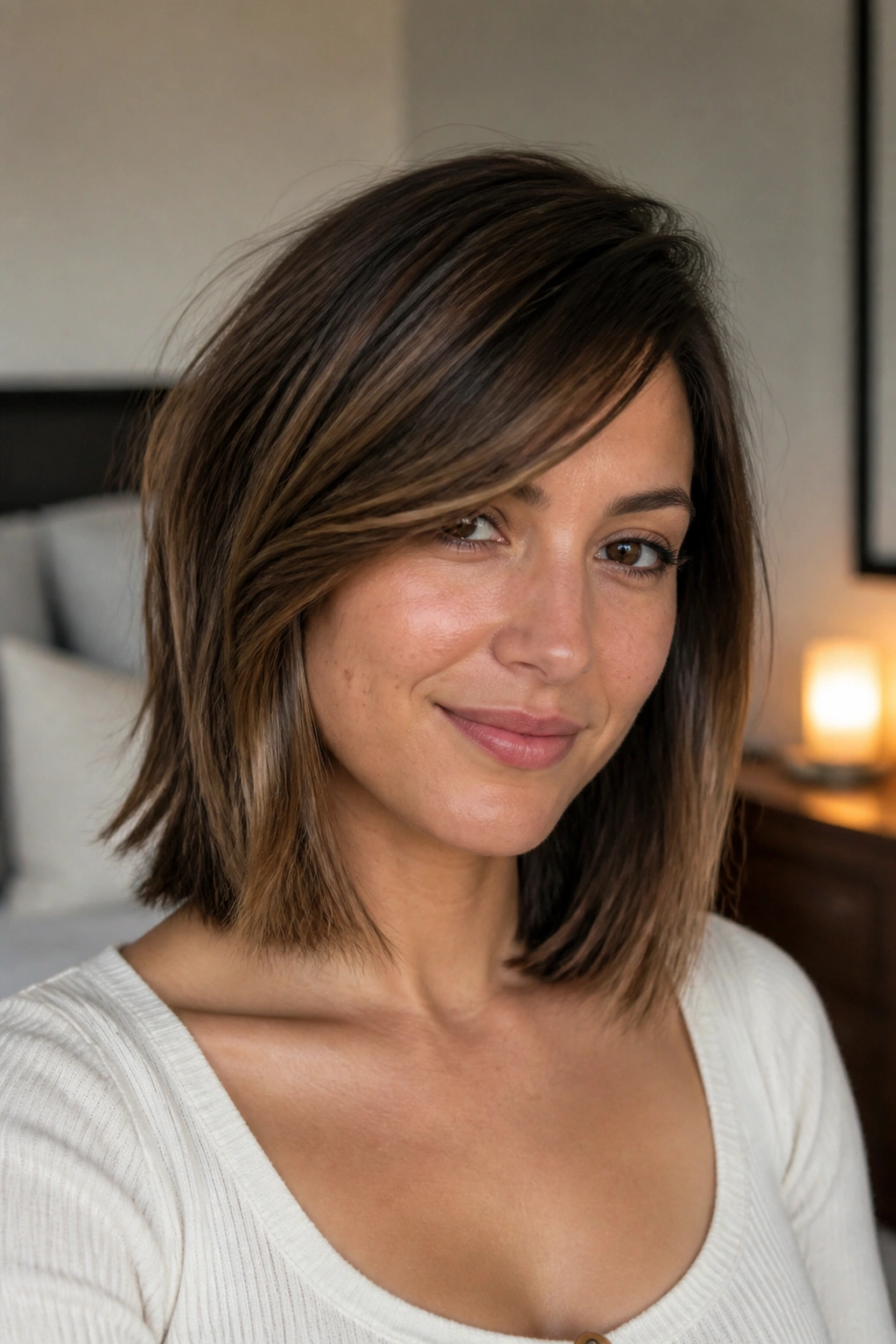 Portrait of a real person with collarbone-length lob and side bangs sweeping toward the cheek