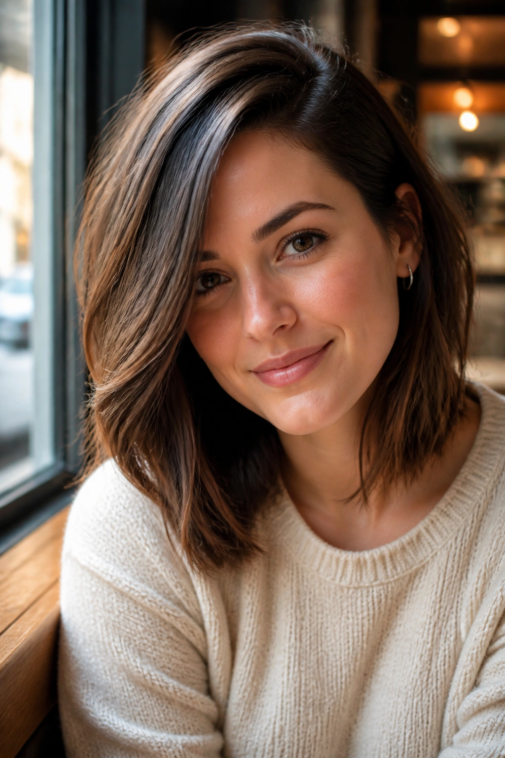 Portrait of a real woman with collarbone-length lob and deep side part in warm cafe light.