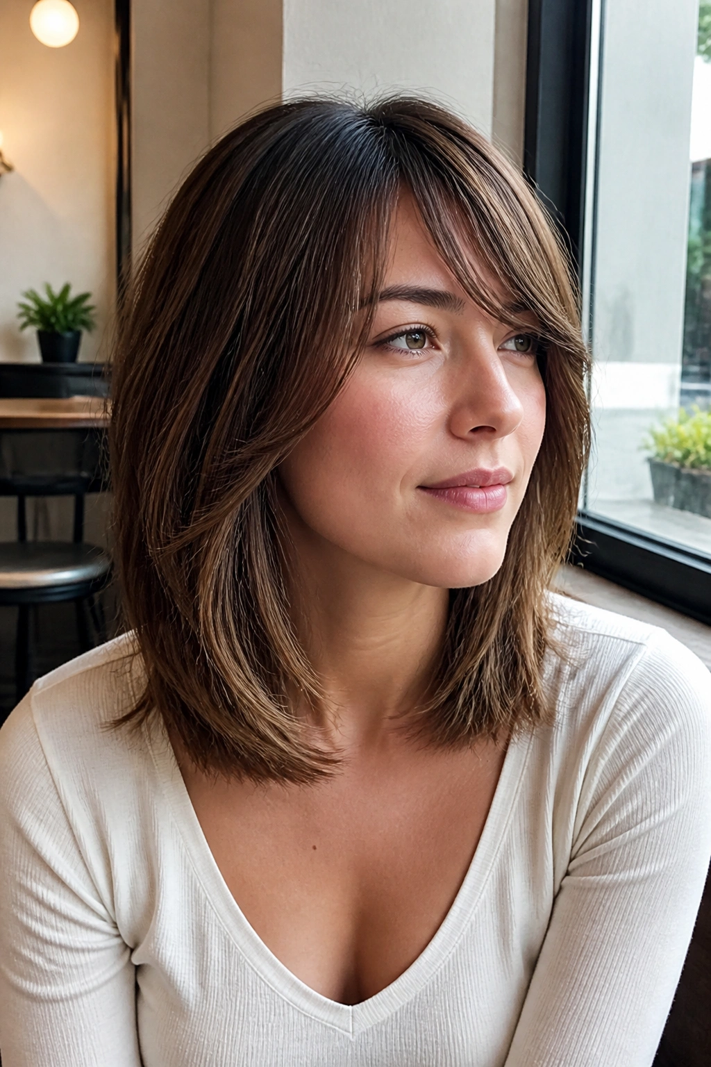 Close-up of a real woman with collarbone-length lob and side-swept wispy bangs